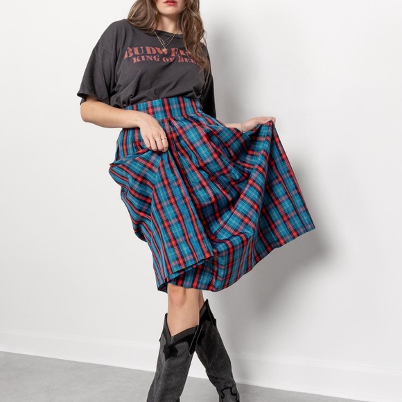 VINTAGE 90s Blue Red Plaid Midi Skirt Deadstock Holiday Christmas Size 8 New - Picture 7 of 15